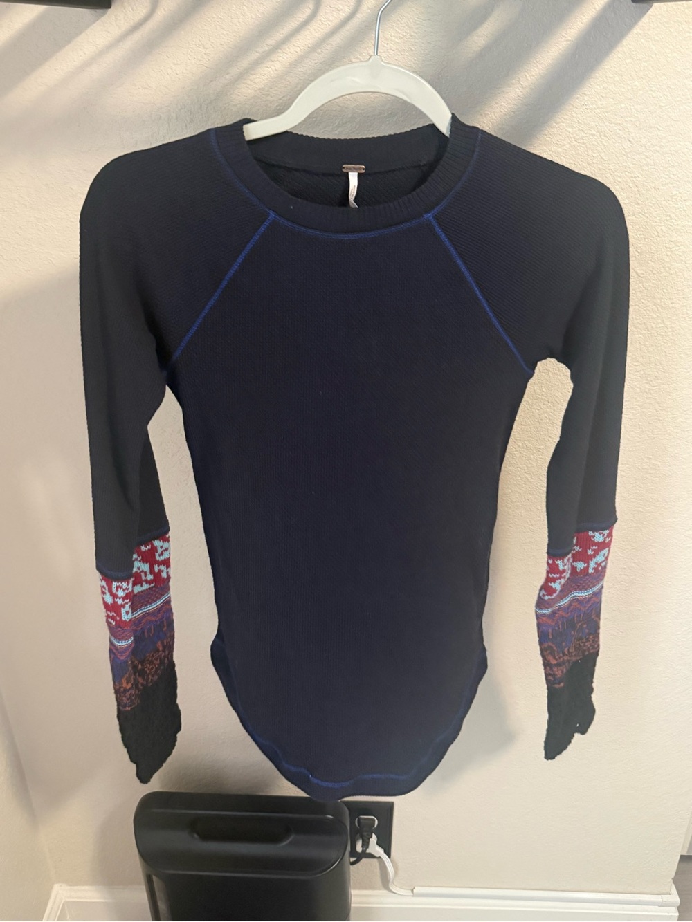Free People We The Free Highland Thermal Top Navy Blue Fair Isle Sleeve - Size S